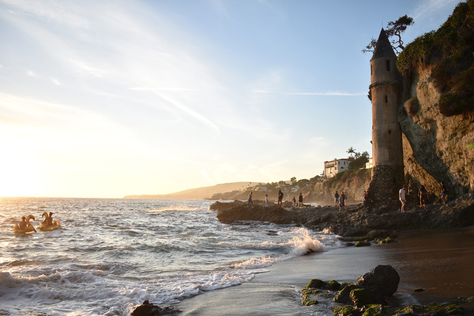 The pirate tower at Victoria Beach, where waves meet the rocky bluffs along Laguna's south coast.