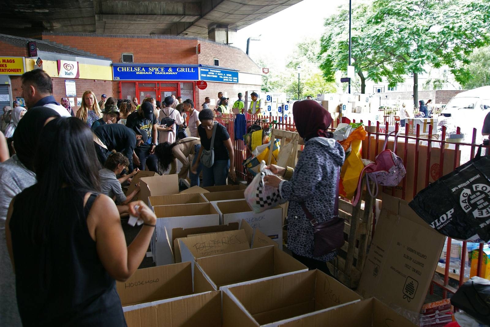Volunteers sorting donated goods.
