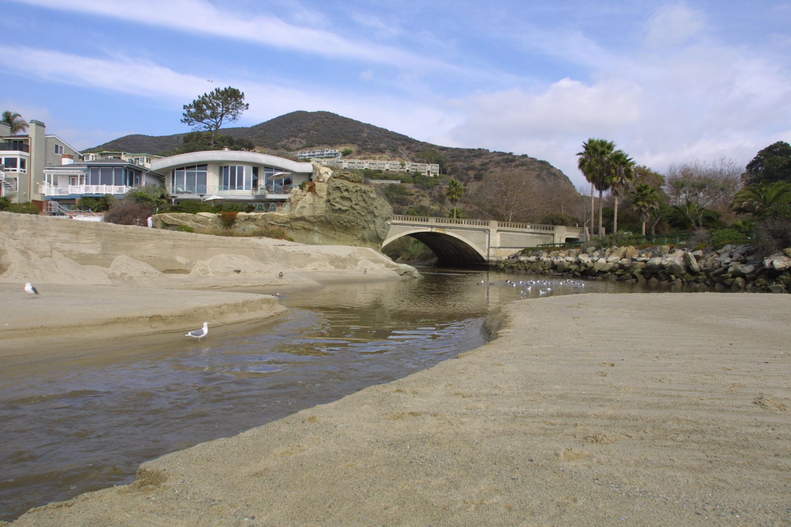 The mouth of Aliso Creek at the beach, where creek-fed sand and seawall failures were documented in the city staff presentation.