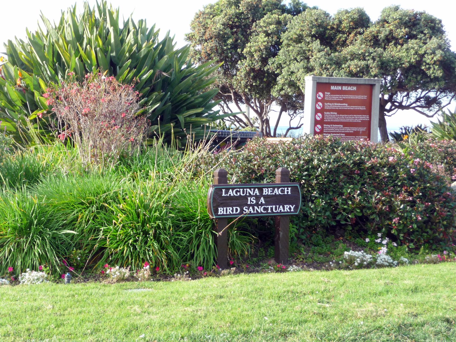 Signs at Main Beach Park in downtown Laguna Beach, steps from the Hotel Laguna property.