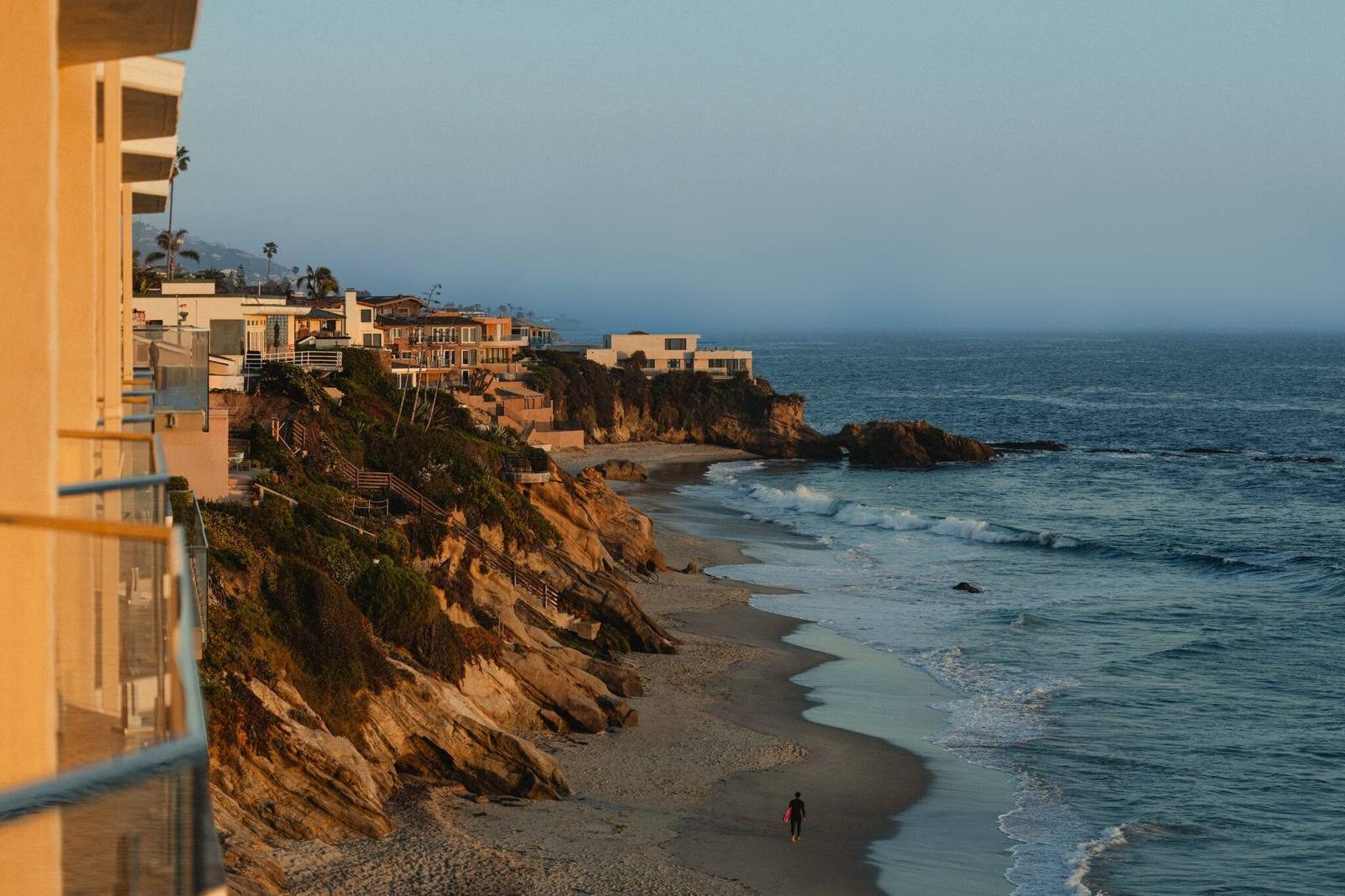 The beach below the Surf and Sand resort at golden hour.